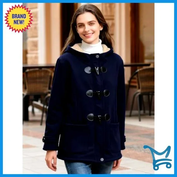 Sherpa Lined Fleece Hoodie Jacket Warm Winter Toggle Duffle Coat Women